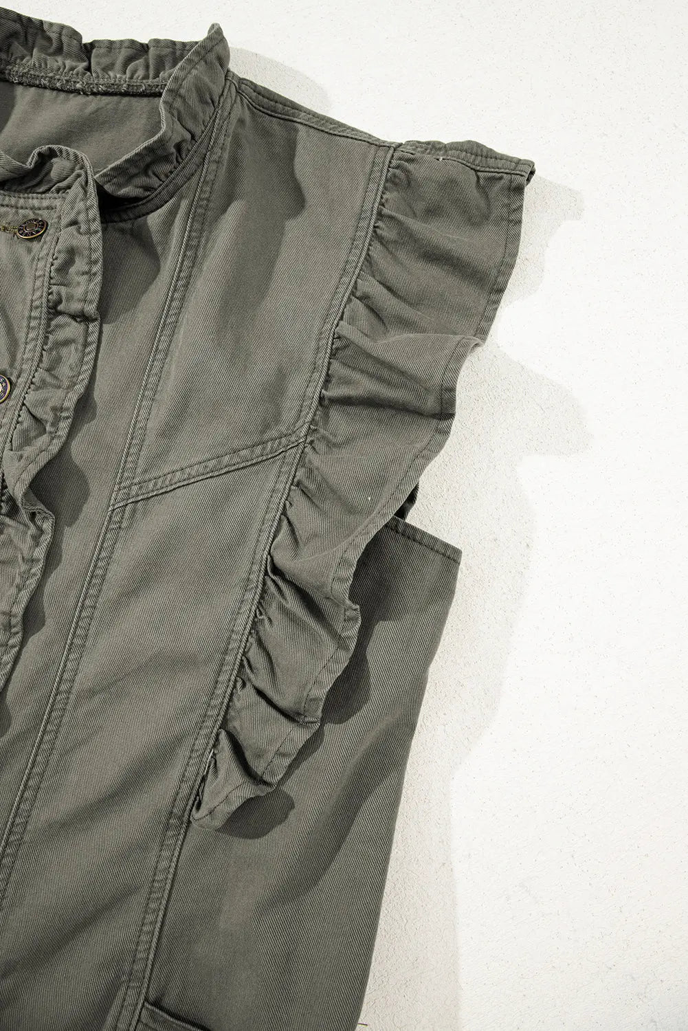 Green Bay Ruffle Plain Denim Jacket Vest Shewin