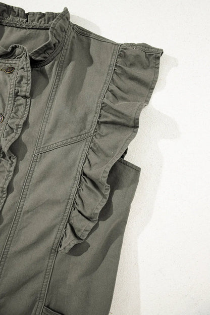 Green Bay Ruffle Plain Denim Jacket Vest Shewin
