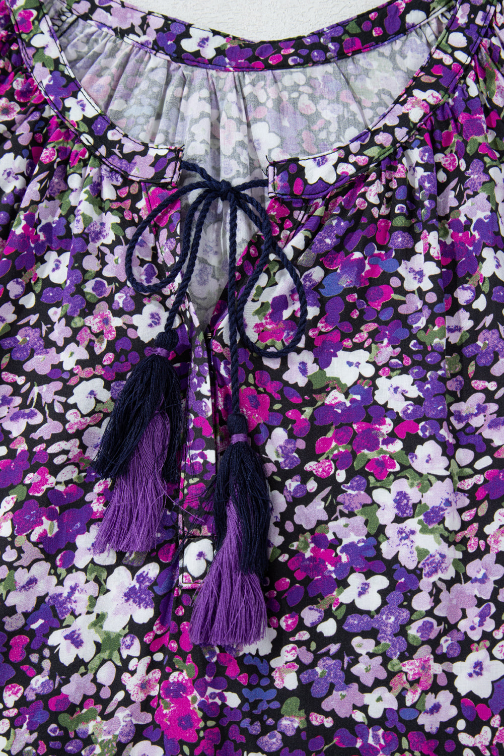 Purple Boho Ditsy Floral Split V Neck Bubble Sleeve Blouse Shewin