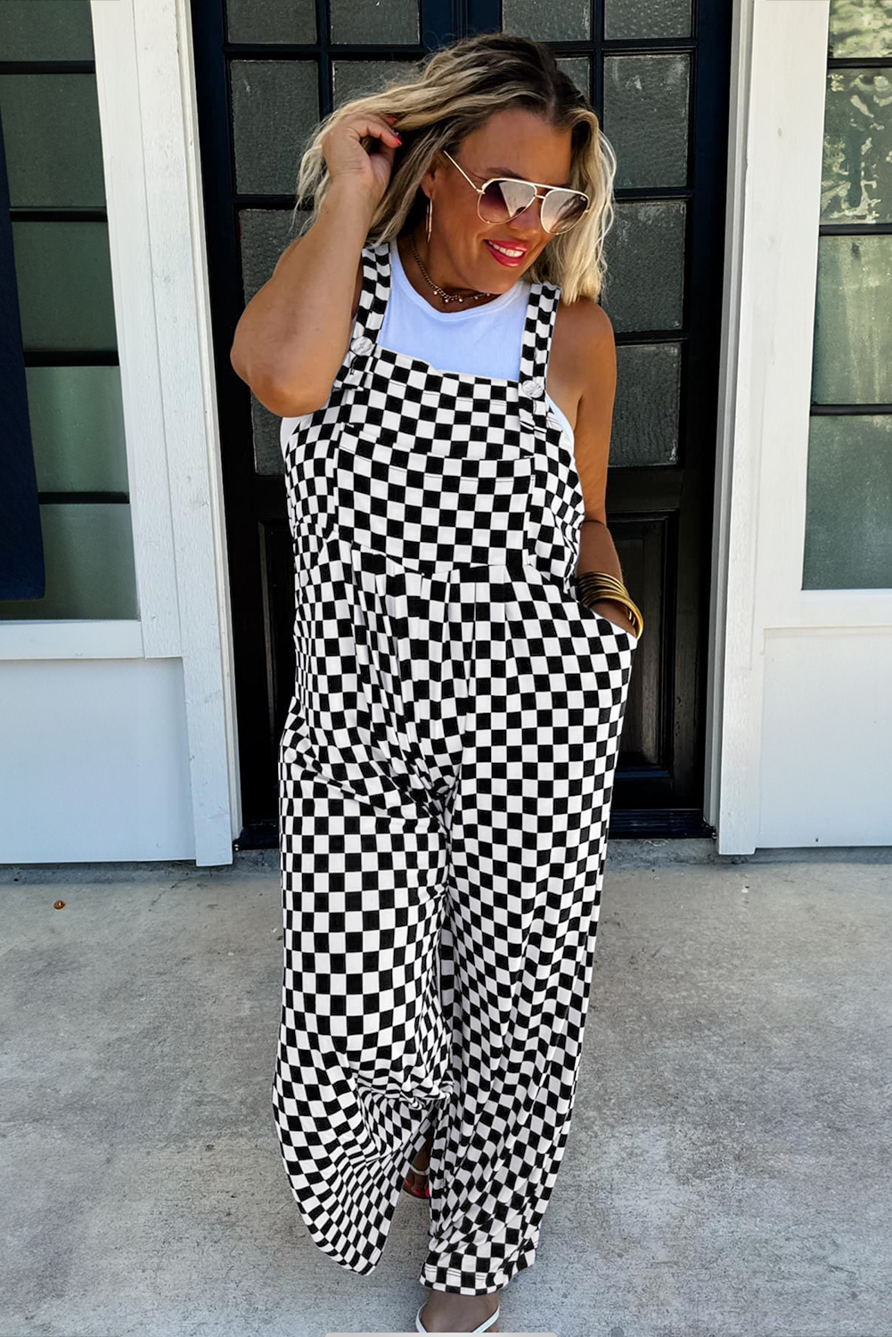 Black Checkered Print Pocketed Wide Leg Overall Shewin