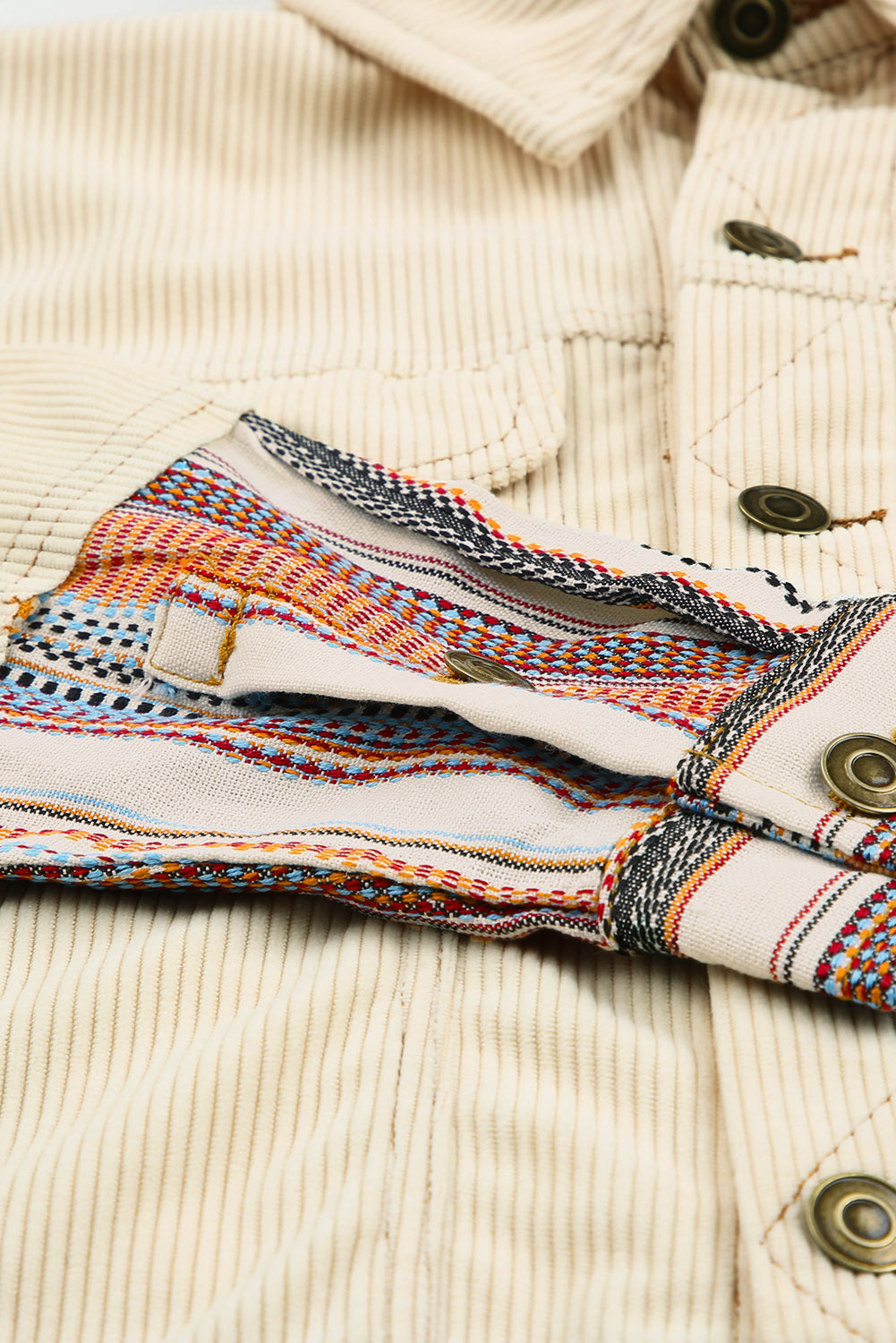 Beige Button Up Pockets Striped Color Block Corduroy Jacket Shewin