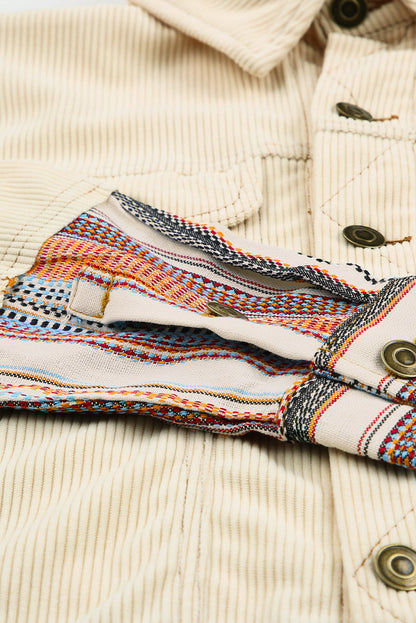 Beige Button Up Pockets Striped Color Block Corduroy Jacket Shewin