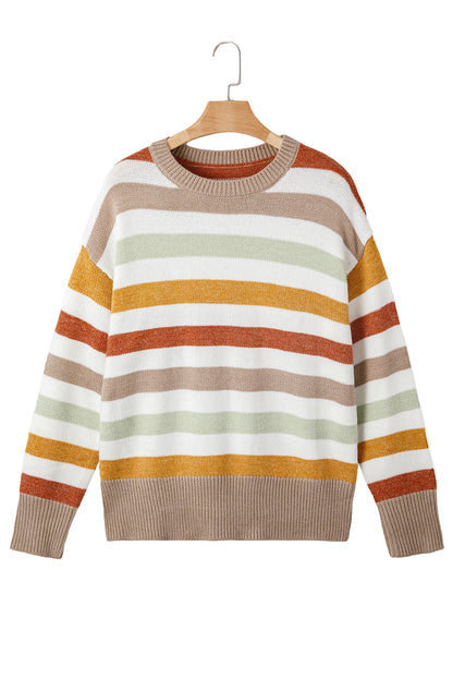 Multicolour Striped Colorblock Drop Shoulder Plus Size Sweater