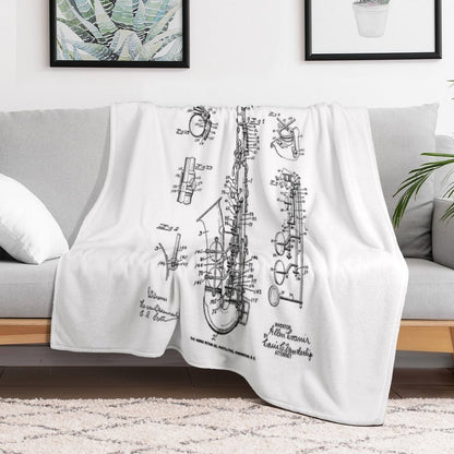 Saxophone Old Vintage Patent Drawing Print Throw Blanket