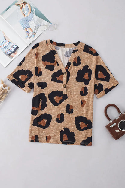 Light Beige Leopard Print Button V Neck T Shirt Shewin
