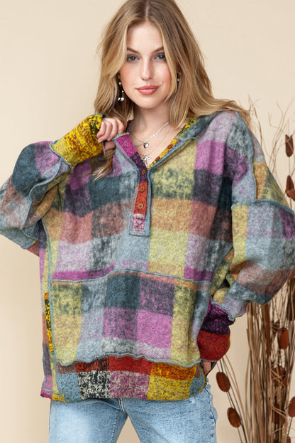 Multicolor Brushed Check Kangaroo Pocket Thumbholes Henley Hoodie Shewin
