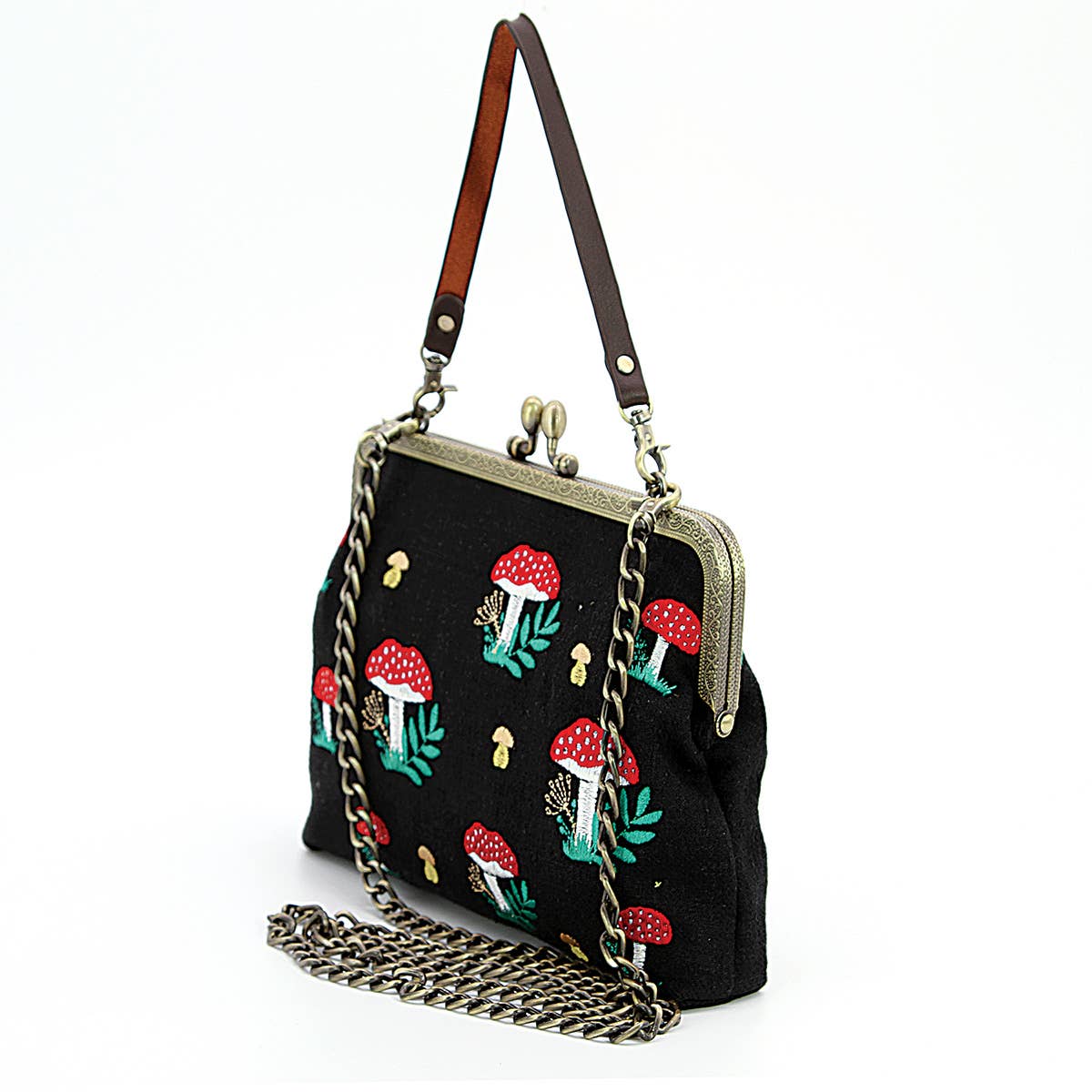 Mushrooms Kisslock Frame Handbag in Cotton: Black Quirks!