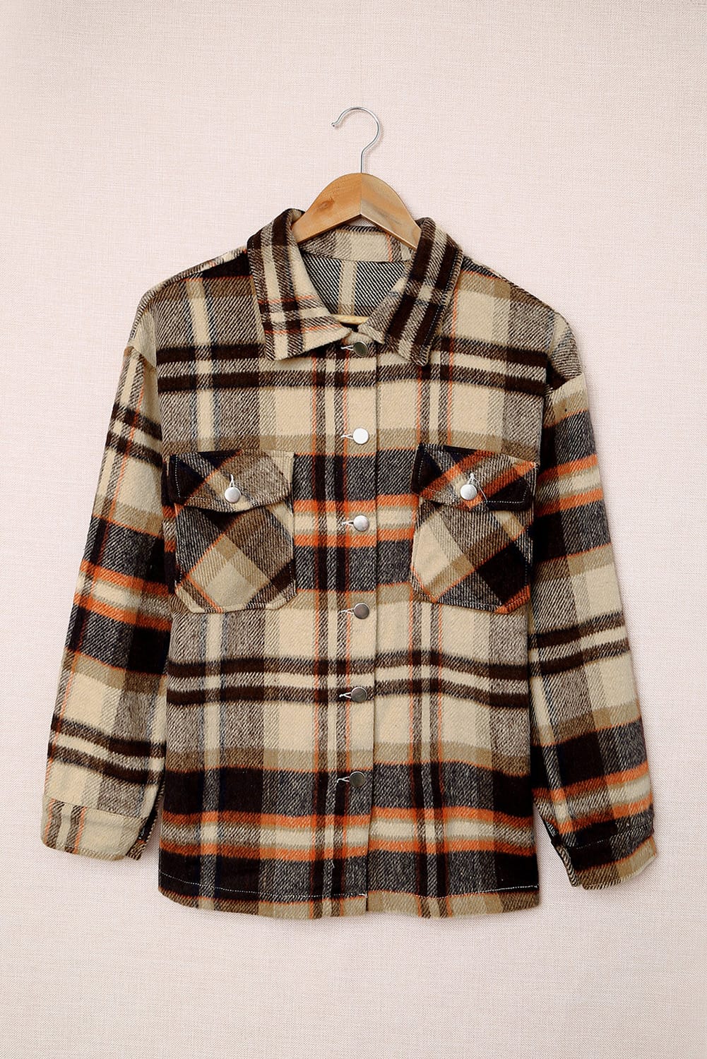 Brown Plaid Button Up Long Sleeve Flannel Shacket Shewin