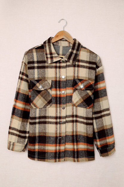 Brown Plaid Button Up Long Sleeve Flannel Shacket Shewin