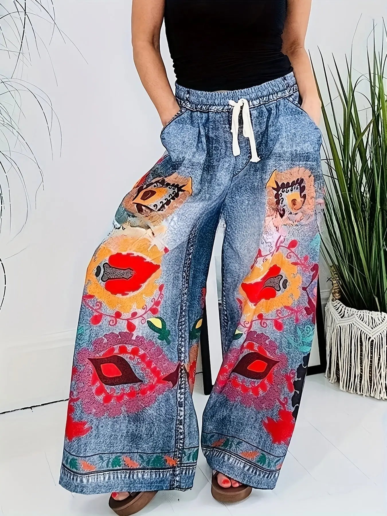 Vibrant Faux Denim Wide-Leg Pants - Bold Floral-like Graffiti Print DSers