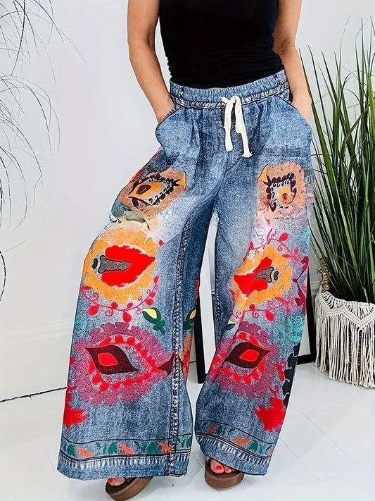Vibrant Faux Denim Wide-Leg Pants - Bold Floral-like Graffiti Print DSers
