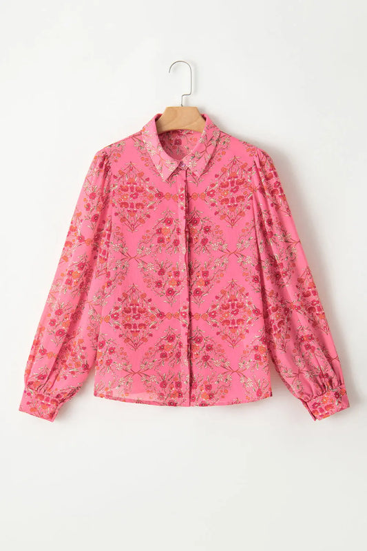 Black Floral Print Collared Button Up Puff Sleeve Shirt Shewin