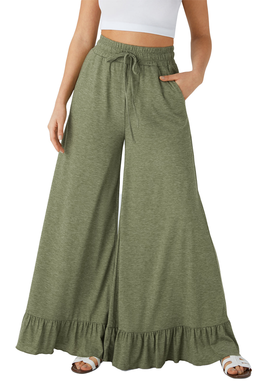Dune Solid Color Ruffle Hem Wide Leg Pants Shewin