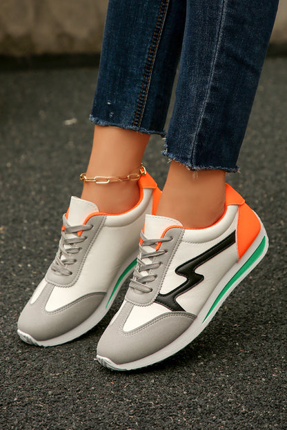 White PU Leather Color Block Patchwork Lace Up Sneakers Shewin