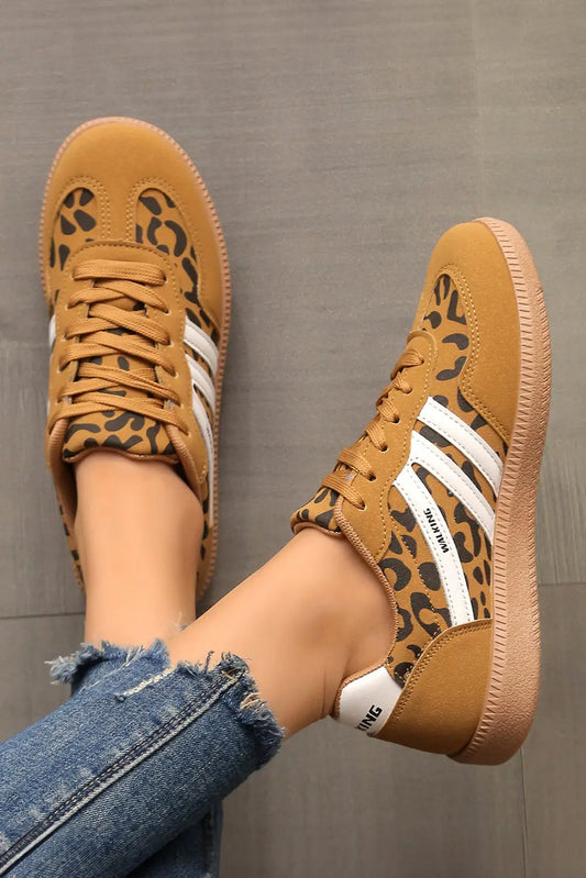 Thai Curry PU Leather Leopard Patchwork Contrast Detail Lace-up Shoes Shewin