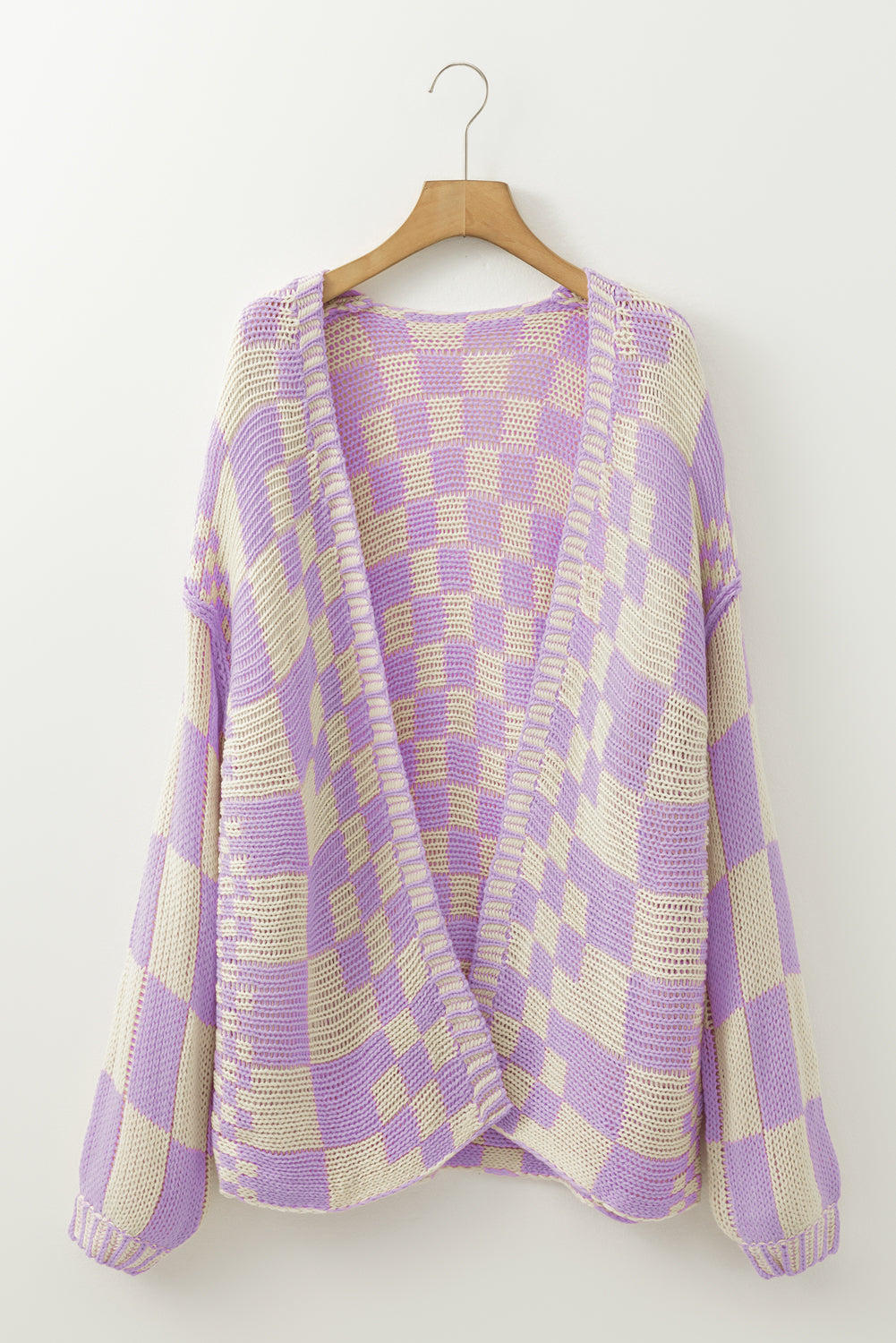 Dark Brown Colorblock Checked Loose Fit Open Front Knitted Cardigan Shewin