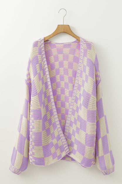 Dark Brown Colorblock Checked Loose Fit Open Front Knitted Cardigan Shewin