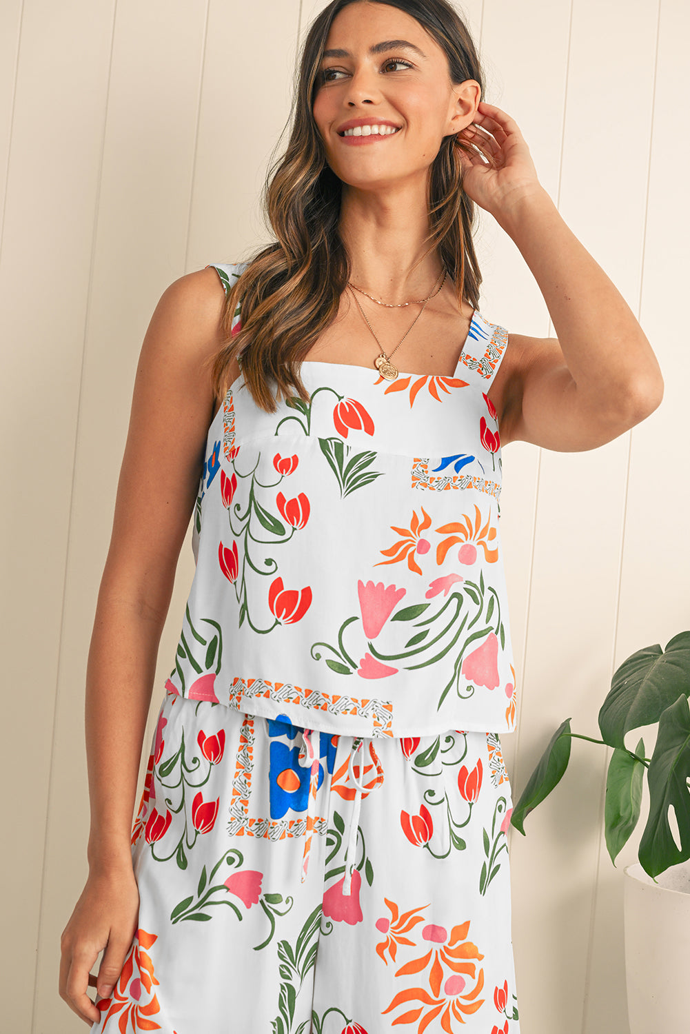 White Square Neck Tank & Wide Leg Pants Boho Floral Set Shewin
