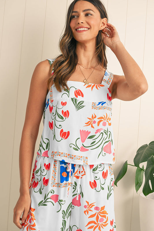 White Square Neck Tank & Wide Leg Pants Boho Floral Set Shewin