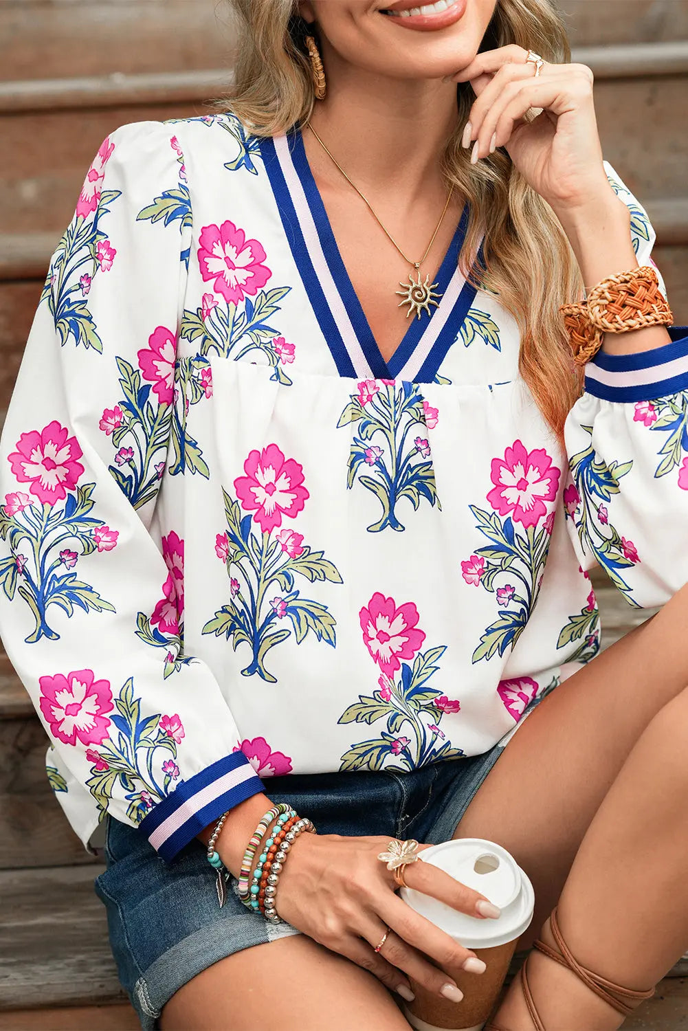 White Floral Print Pop of Color V-neck Long Sleeve Blouse Shewin
