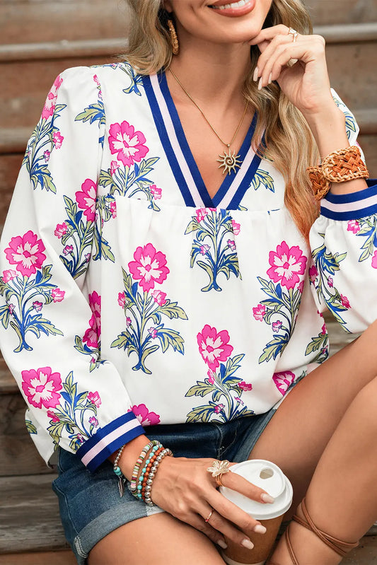 White Floral Print Pop of Color V-neck Long Sleeve Blouse Shewin