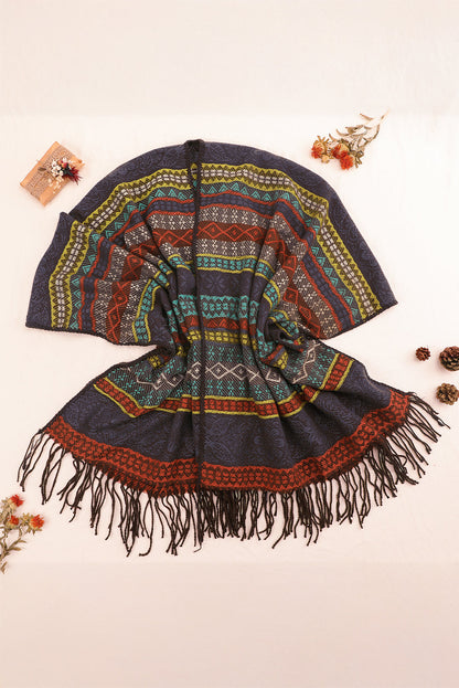 Light Blue Ethnic Print Tassel Trim Shawl Scarf Shewin
