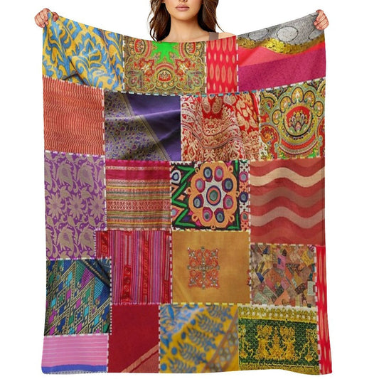 Boho Art  Sari Patchwork Quilt Throw Blanket