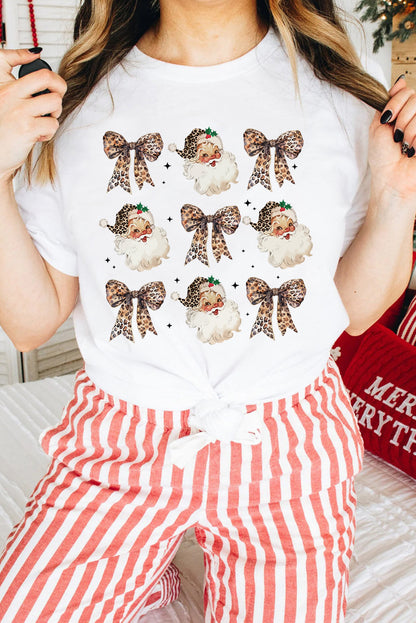 White Santa Claus Leopard Bow Heat Transfer Printing Crew Neck Graphic T Shirt