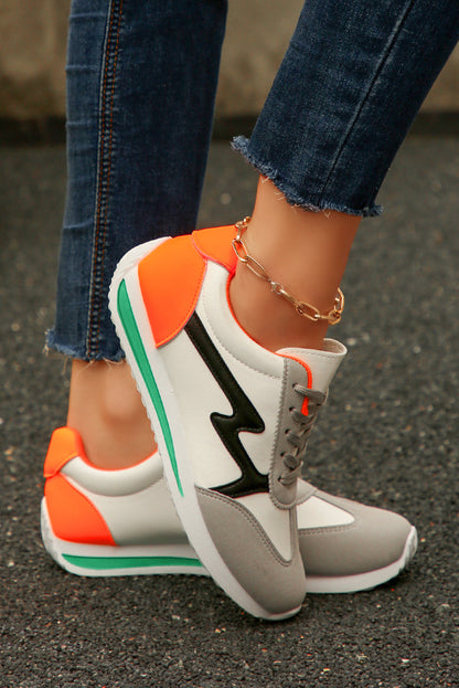 White PU Leather Color Block Patchwork Lace Up Sneakers Shewin