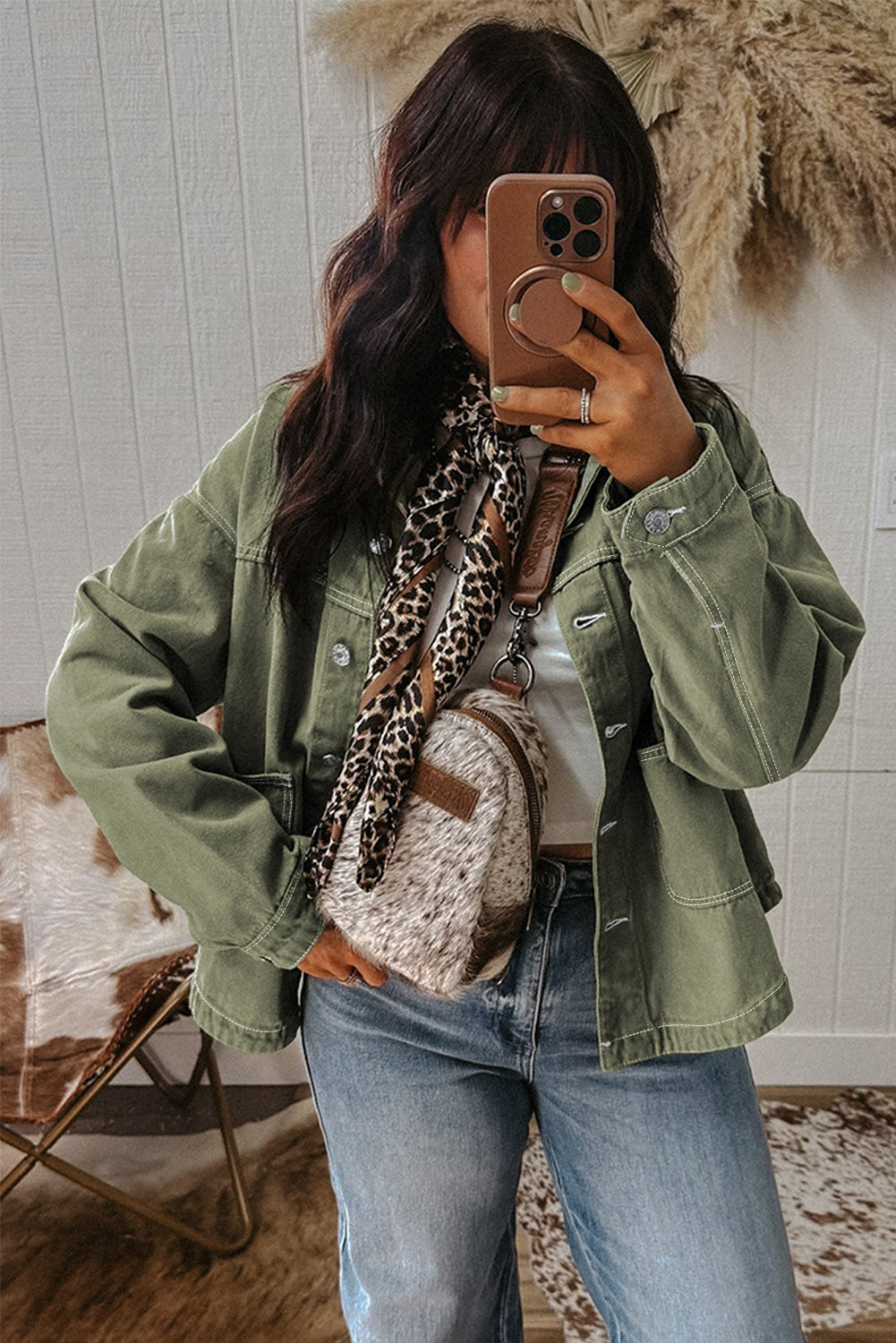 Smoke Green Pocket Collared Button Front Denim Jacket Shewin