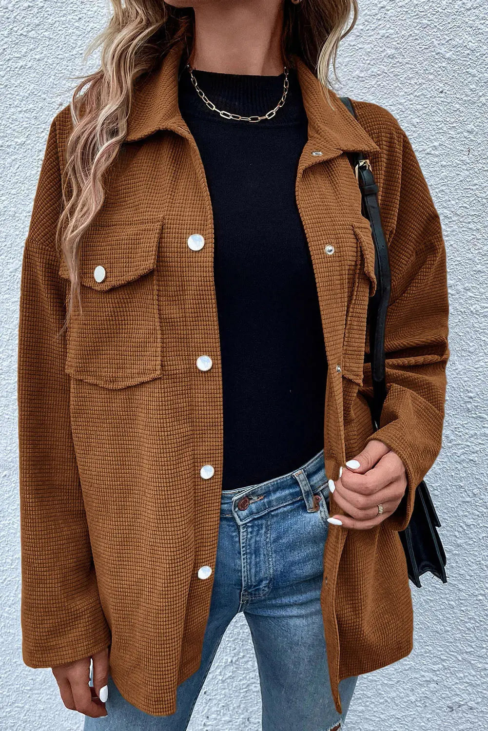 Brown Textured Flap Pocket Drop Shoulder Shacket Shewin