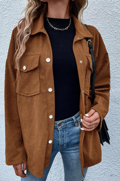 Brown Textured Flap Pocket Drop Shoulder Shacket Shewin