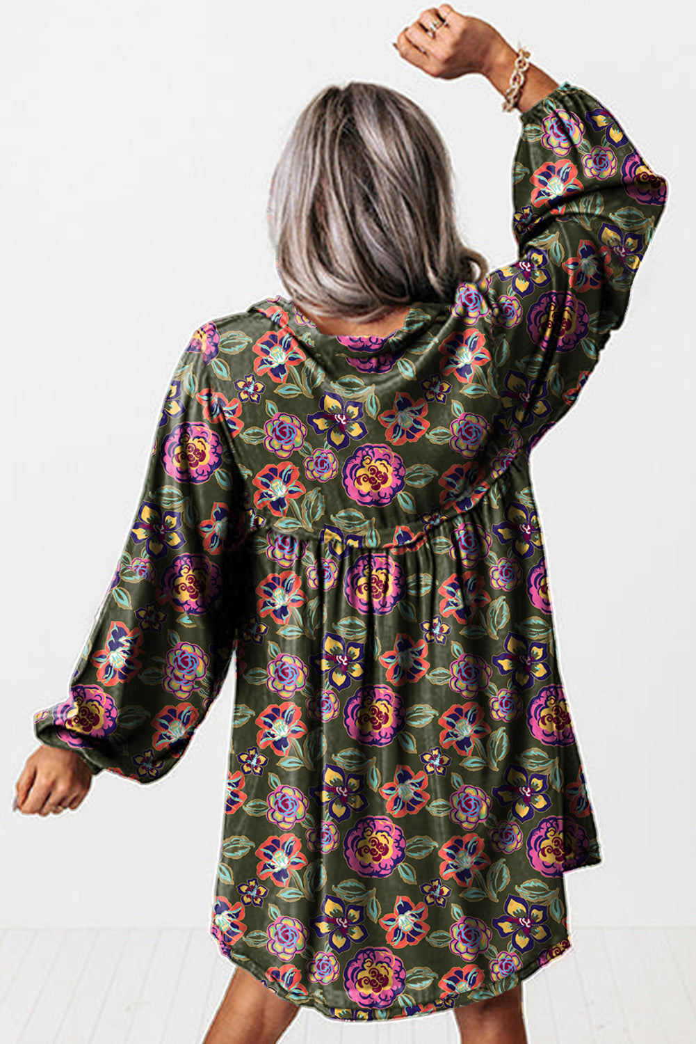 Green Floral Print Split Neck Bubble Sleeve Mini Dress Shewin
