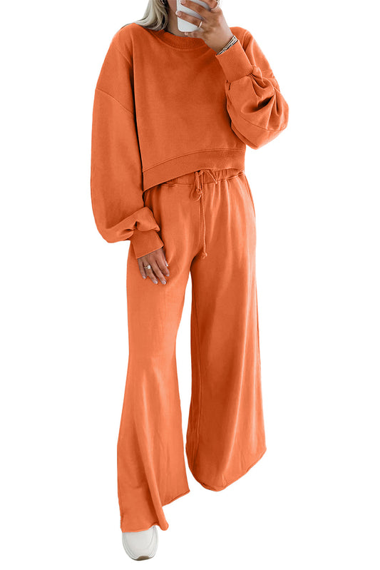 Flamingo Drop Shoulder Crop Pullover Drawstring Wide Leg Pants Set Shewin