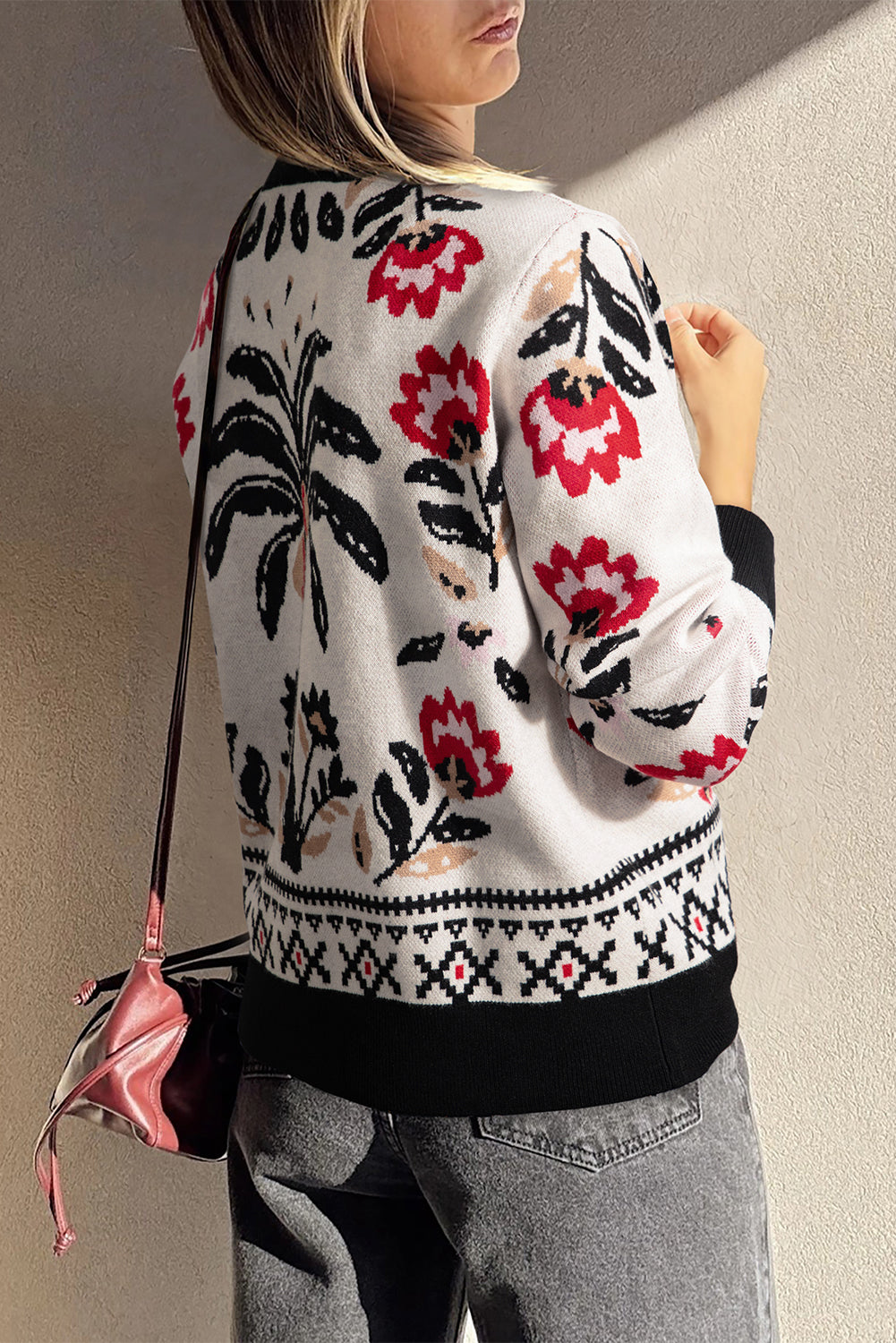 Black Floral Print Button Front V Neck Contrast Trim Cardigan