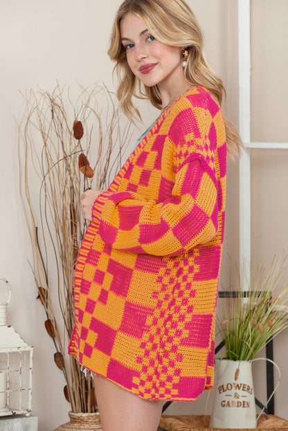 Dark Brown Colorblock Checked Loose Fit Open Front Knitted Cardigan Shewin