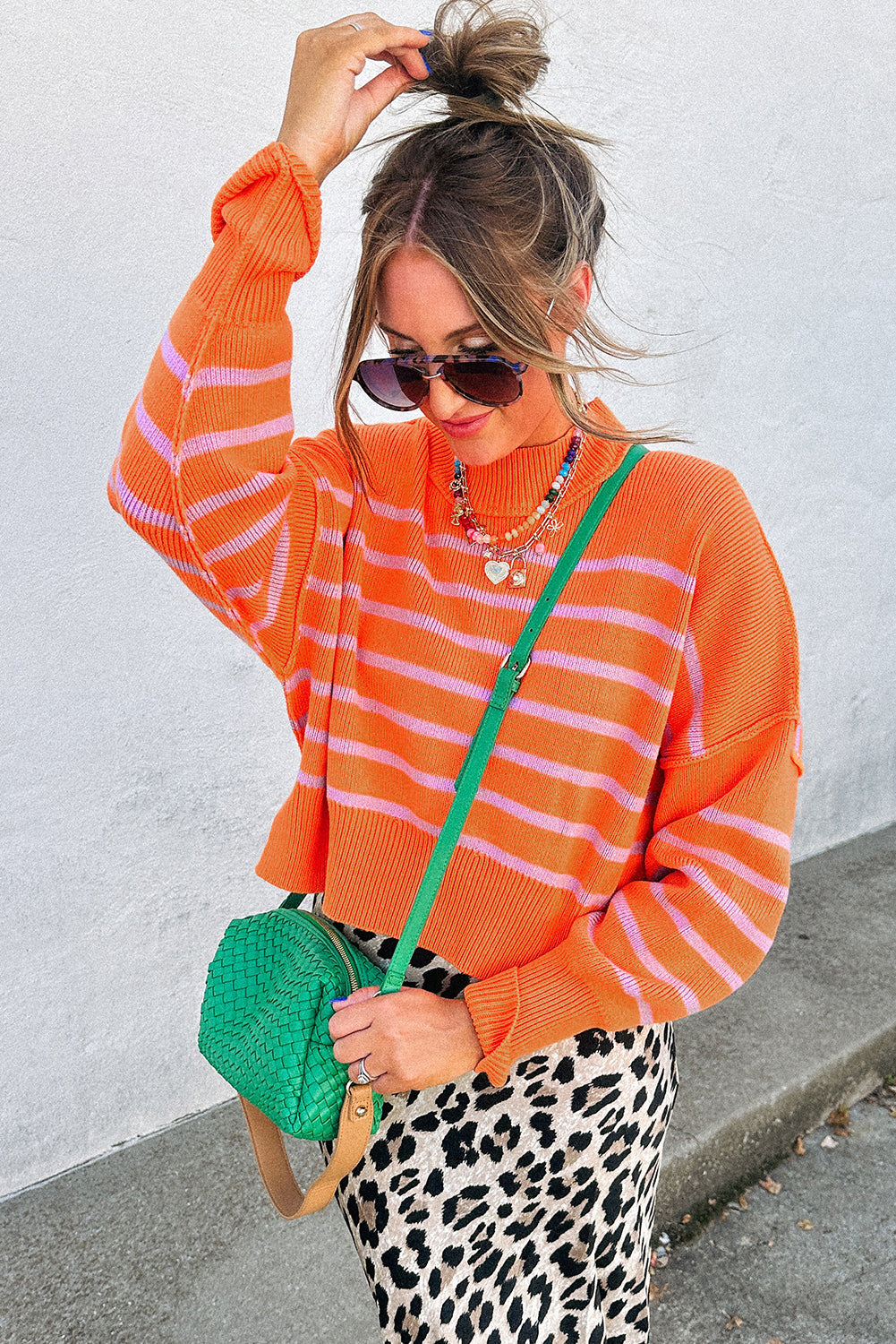 Orange Stripe Ribbed High Neck Drop Shoulder Boxy Fit Sweater Shewin