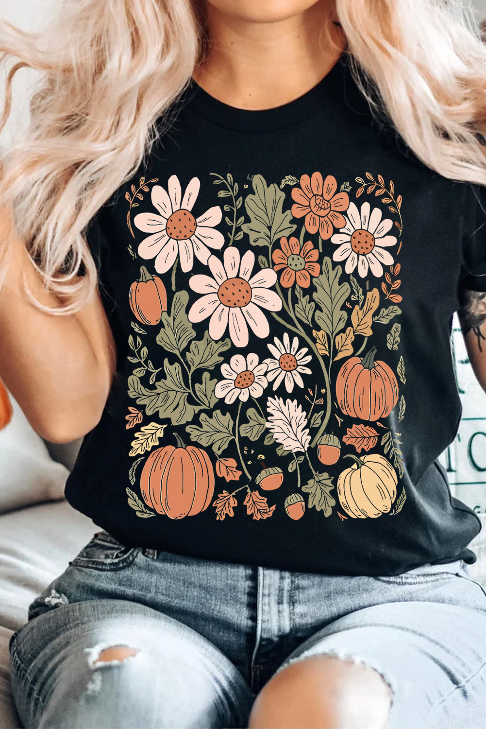 Black Wild Flower Pumpkin Print T Shirt Shewin
