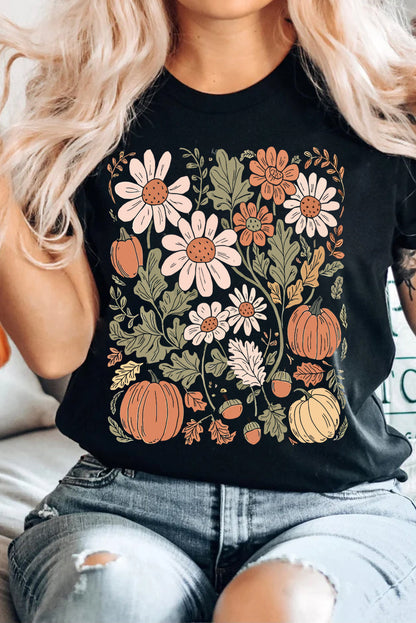 Black Wild Flower Pumpkin Print T Shirt Shewin
