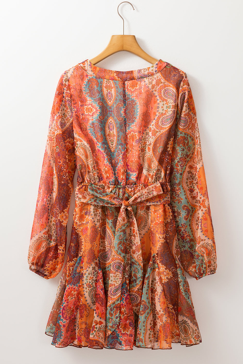 Orange Boho Paisley Print Long Sleeve Pleated Belted Mini Dress Shewin
