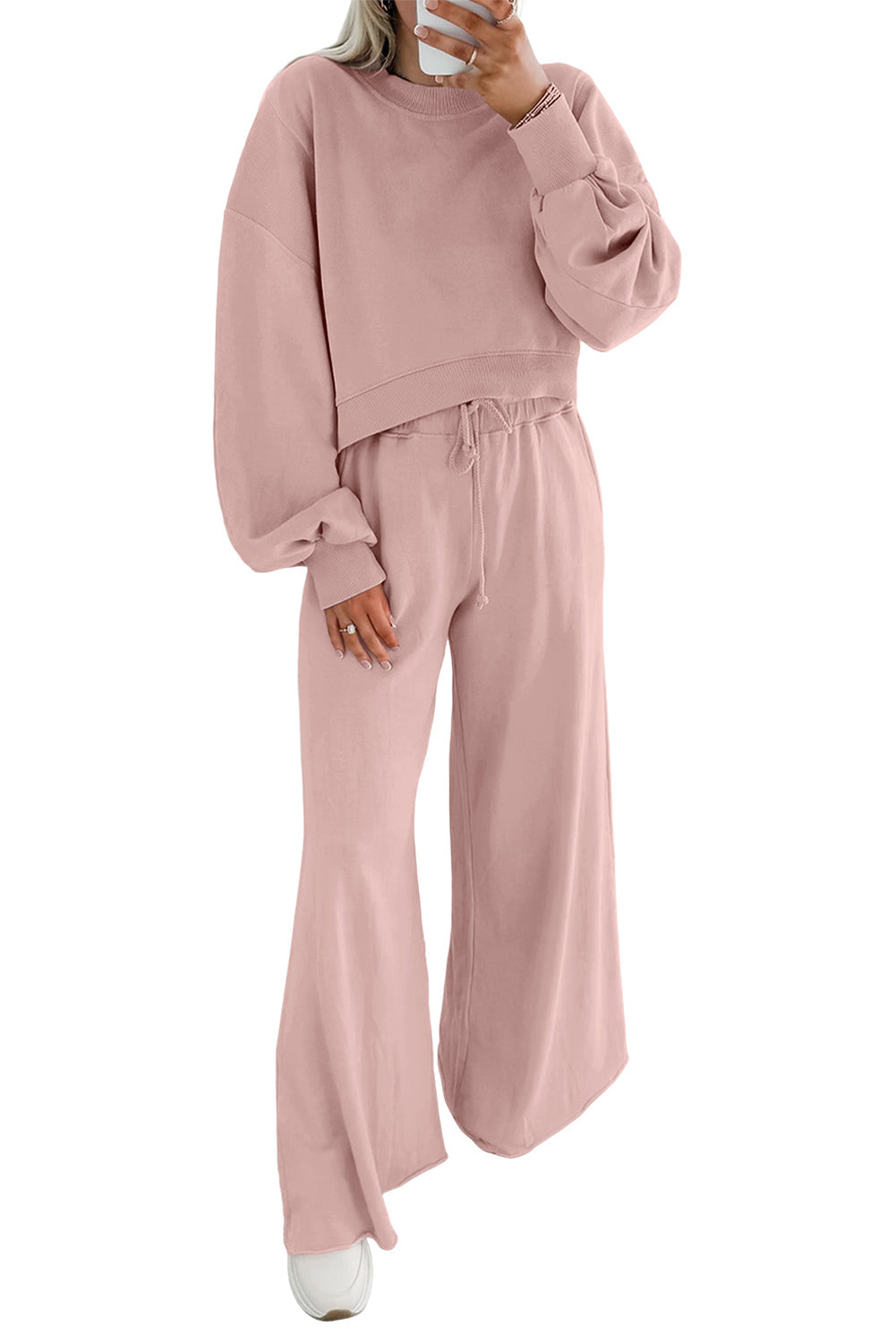 Flamingo Drop Shoulder Crop Pullover Drawstring Wide Leg Pants Set Shewin