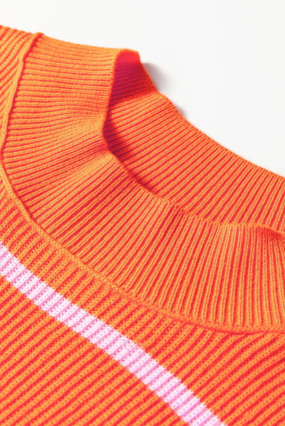 Orange Stripe Ribbed High Neck Drop Shoulder Boxy Fit Sweater Shewin
