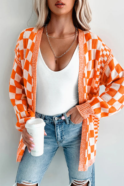 Orange Checkered Open Front Drop Shoulder Cardigan Shewin