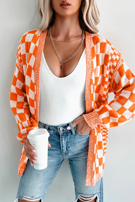 Orange Checkered Open Front Drop Shoulder Cardigan Shewin