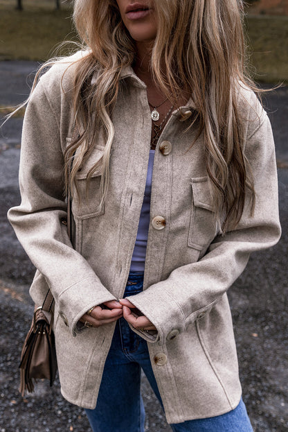 Light Grey Turn Down Collar Flap Pockets Buttoned Shacket Shewin