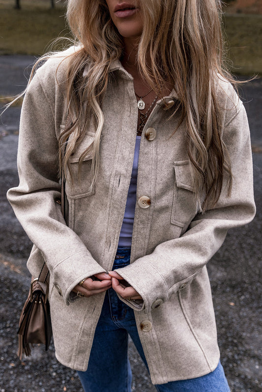 Light Grey Turn Down Collar Flap Pockets Buttoned Shacket Shewin