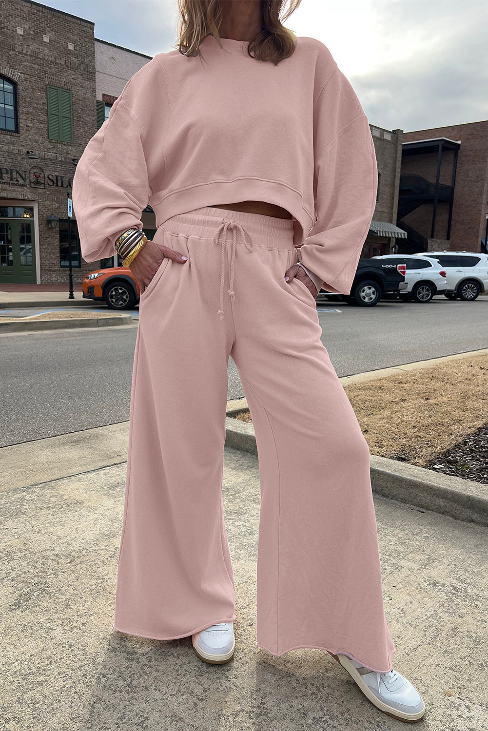 Flamingo Drop Shoulder Crop Pullover Drawstring Wide Leg Pants Set Shewin