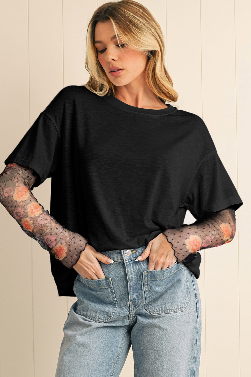 Black Floral Mesh Sleeve Fake Two-Piece Top