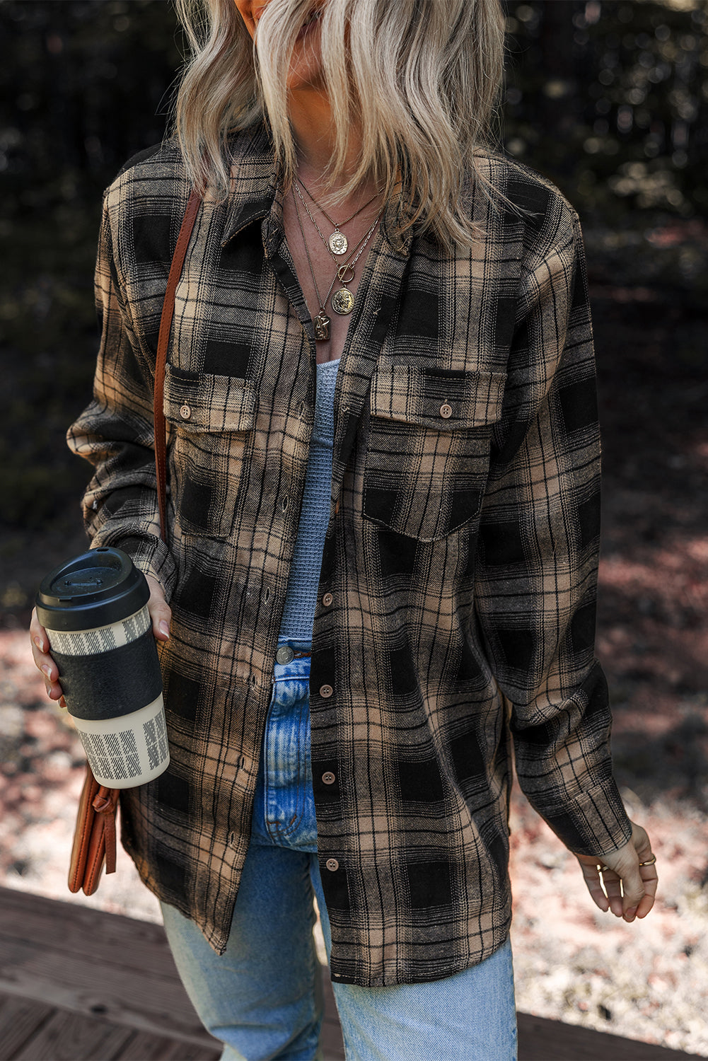 Multicolour Retro Plaid Double Flap Pocket Brushed Shacket Shewin