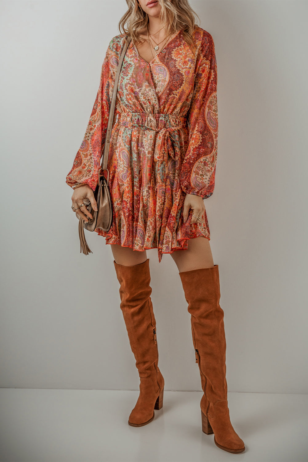 Orange Boho Paisley Print Long Sleeve Pleated Belted Mini Dress Shewin